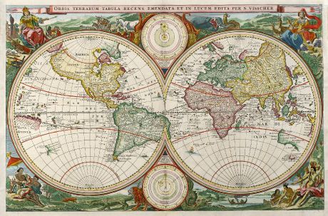 Antike Landkarten, Visscher, Weltkarte, 1663: Orbis Terrarum Tabula Recens Emendata et in Lucem Edita per N. Visscher