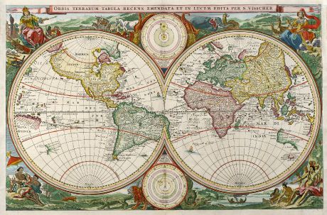 Antique Maps, Visscher, World Map, 1663: Orbis Terrarum Tabula Recens Emendata et in Lucem Edita per N. Visscher