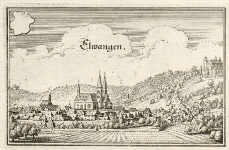 Antique Maps, Merian, Germany, Baden-Wurttemberg, Ellwangen, Jagst, 1643: Elwangen