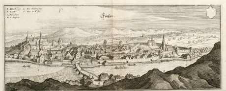 Antike Landkarten, Merian, Deutschland, Bayern, Allgäu, Füssen am Lech, 1643: Fücßen