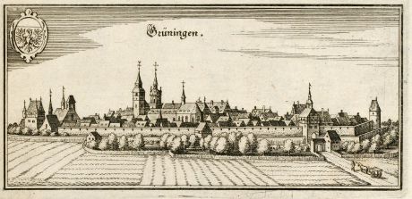Antike Landkarten, Merian, Deutschland, Baden-Württemberg, Grüningen, 1643: Grüningen