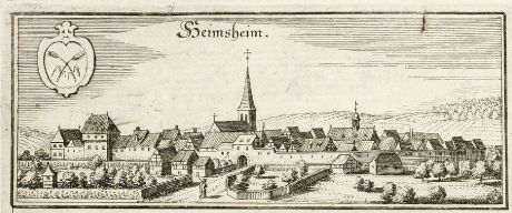 Antique Maps, Merian, Germany, Baden-Wurttemberg, Heimsheim, Leonberg, 1643: Heimsheim