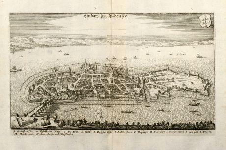 Antike Landkarten, Merian, Deutschland, Bayern, Bodensee, Lindau, 1643: Lindau im Bodensee