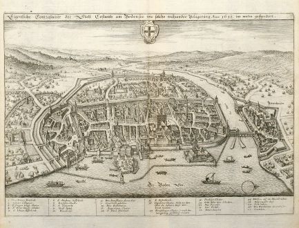 Antike Landkarten, Merian, Deutschland, Baden-Württemberg, Bodensee, Konstanz: Eigentliche Contrafactur der Statt Costantz am Bodensee wie solche währender Belägerung Anno 1633 im wesen gestanden.