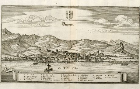 Antique Maps, Merian, Austria - Hungary, Lake Constance, Bregenz, 1643: Bregentz