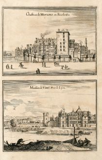 Antique Maps, Merian, France, Lyon, 1657: Chasteau de Moulins en Bourbonois / Maison de Vimy. Pres de Lyon