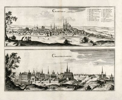 Antique Maps, Merian, France, Chartres, Chateaudun, 1657: Chartres / Chasteau-Dun