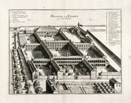 Antique Maps, Merian, France, Lyon, Charite, 1657: Hospital de la Charité de la Ville de Lyon