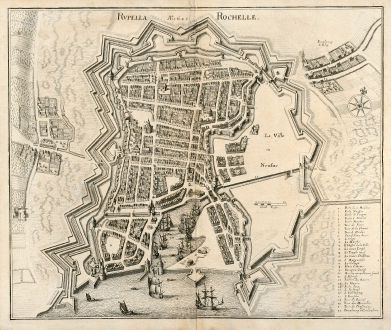 Antique Maps, Merian, France, La Rochelle, Poitou-Charentes, 1657: Rupella Rochelle