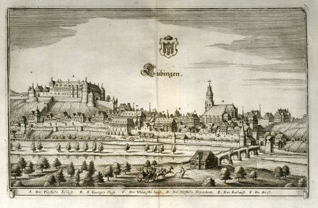 Antique Maps, Merian, Germany, Baden-Wurttemberg, Tübingen, 1643: Tübingen