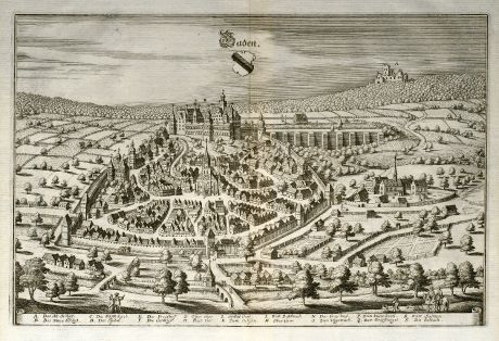 Antike Landkarten, Merian, Deutschland, Baden-Württemberg, Baden-Baden, 1643: Baden