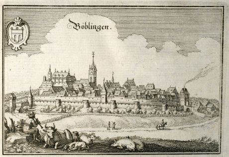 Antike Landkarten, Merian, Deutschland, Baden-Württemberg, Böblingen, 1643: Böblingen