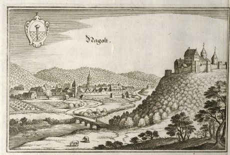 Antike Landkarten, Merian, Deutschland, Baden-Württemberg, Nagold, 1643: Nagolt