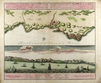 Antike Landkarten, Homann Erben, Nordafrika, Oran, 1732: Topographica Repraesentatio Barbarici Portus et Urbis Munitae Oran / Wahrhaffte Abbildung der Barbarischen Vestung Oran