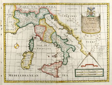 Antique Maps, Wells, Italy, 1738: A New Map of Present Italy, together with the Adjoyning Islands of Sicily, Sardinia, and Corsica ...