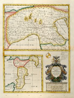 Antique Maps, Wells, Italy, North Italy, South Italy, Sicily, 1738: A New Map of Gallia Cisalpina & Graecia Magna ...