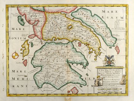 Antique Maps, Wells, Greece, Peloponnese, 1738: A New Map of the So. & Mid Parts of Antient Greece viz. Epirus, Hellas, or Graecia Propria, and Peloponnesus, together with...