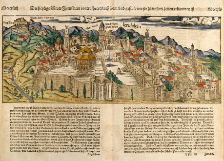 Antike Landkarten, Münster, Heiliges Land, Jerusalem, 1550: Die Heylige Statt Jerusalem ...