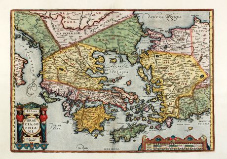 Antike Landkarten, Ortelius, Griechenland, Peloponnes, Ägäis, Kreta, Kleinasien: Hellas. Graecia, Sophiani.