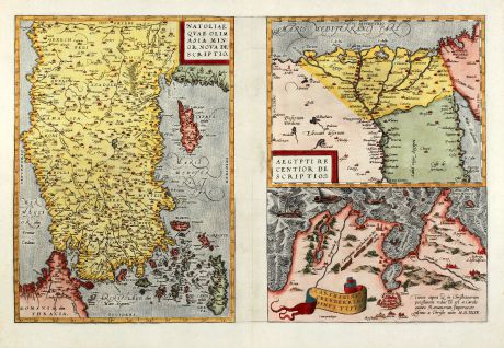 Antike Landkarten, Ortelius, Türkei, Türkei, Zypern, Ägypten, Tunesien, Tunis: Natoliae, quae olim Asia Minor Nova Descriptio - Aegypti Recentior Descriptio - Carthaginis Celeberrimi Sinus Typus