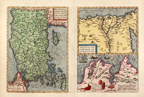 Antique Maps, Ortelius, Turkey, Turkey, Cyprus, Egypt, Tunis, 1595: Natoliae, quae olim Asia Minor Nova Descriptio - Aegypti Recentior Descriptio - Carthaginis Celeberrimi Sinus Typus