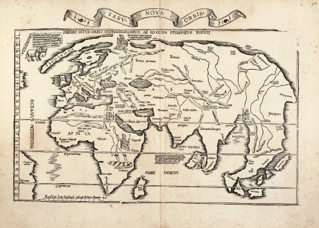 Antike Landkarten, Fries, Weltkarte, 1535: Tabu. Nova Orbis / Diefert Situs Orbis Hydrographorum Ab Eo Quem Ptolomeus Posuit